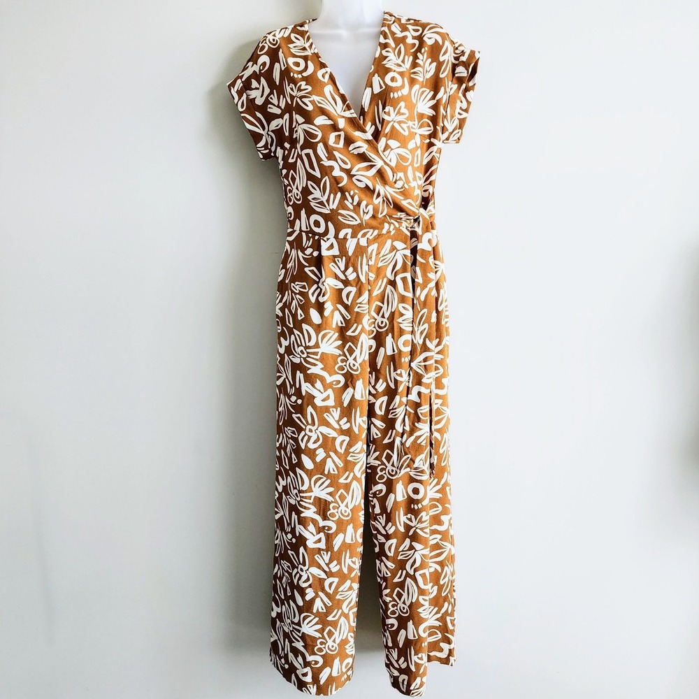 Monteau Jumpsuit Womens Large Tropical Casual Straight Leg Pockets Faux Wrap